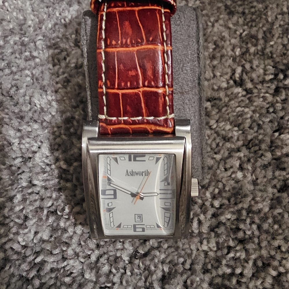 Ashworth Silver Watch with Red Leather Strap